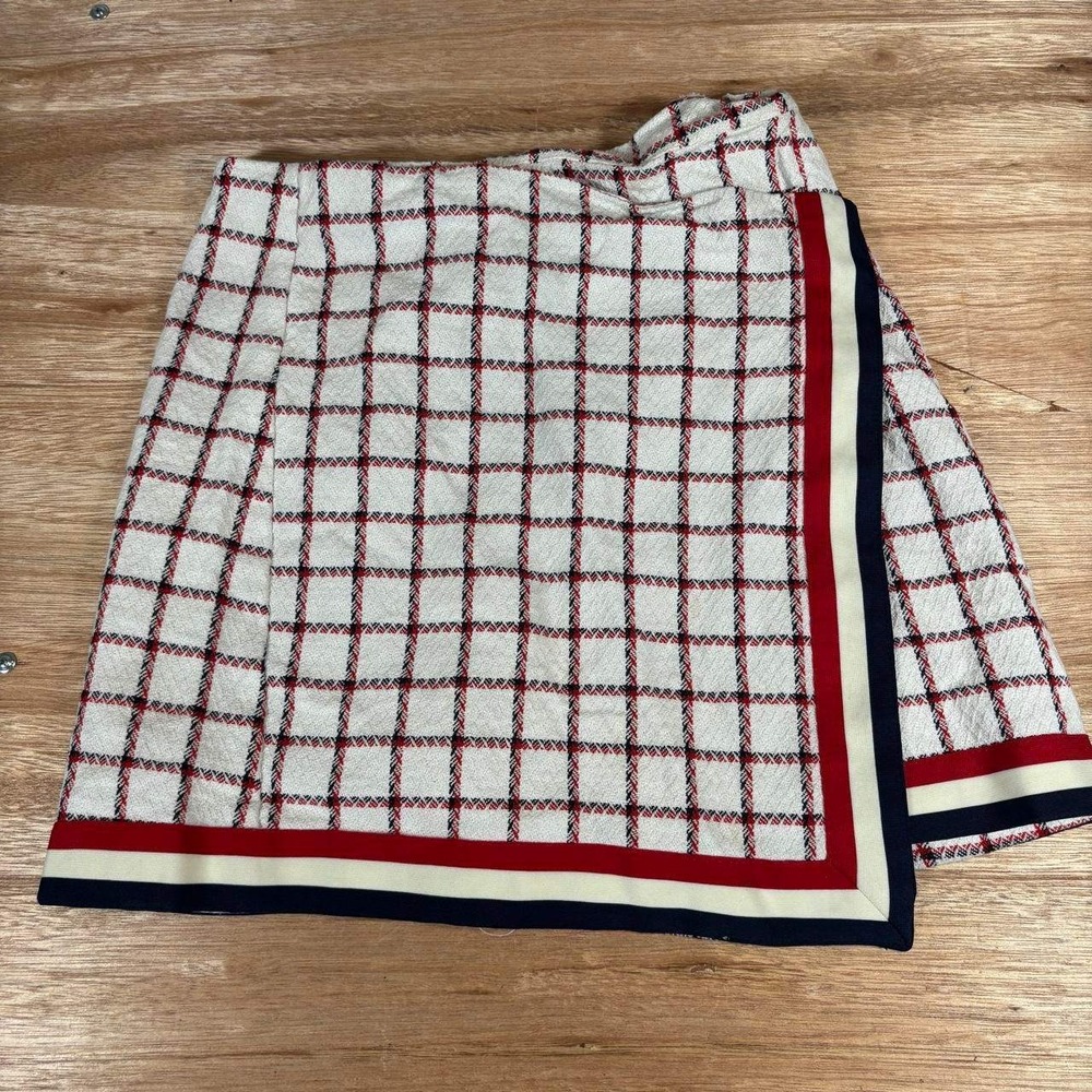 ASOS Plaid Wrap Mini Skirt White Red Navy Striped Trim Preppy US 6